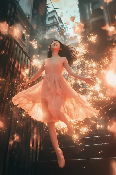 Young Woman Dancing Amidst Glowing Golden Sparks