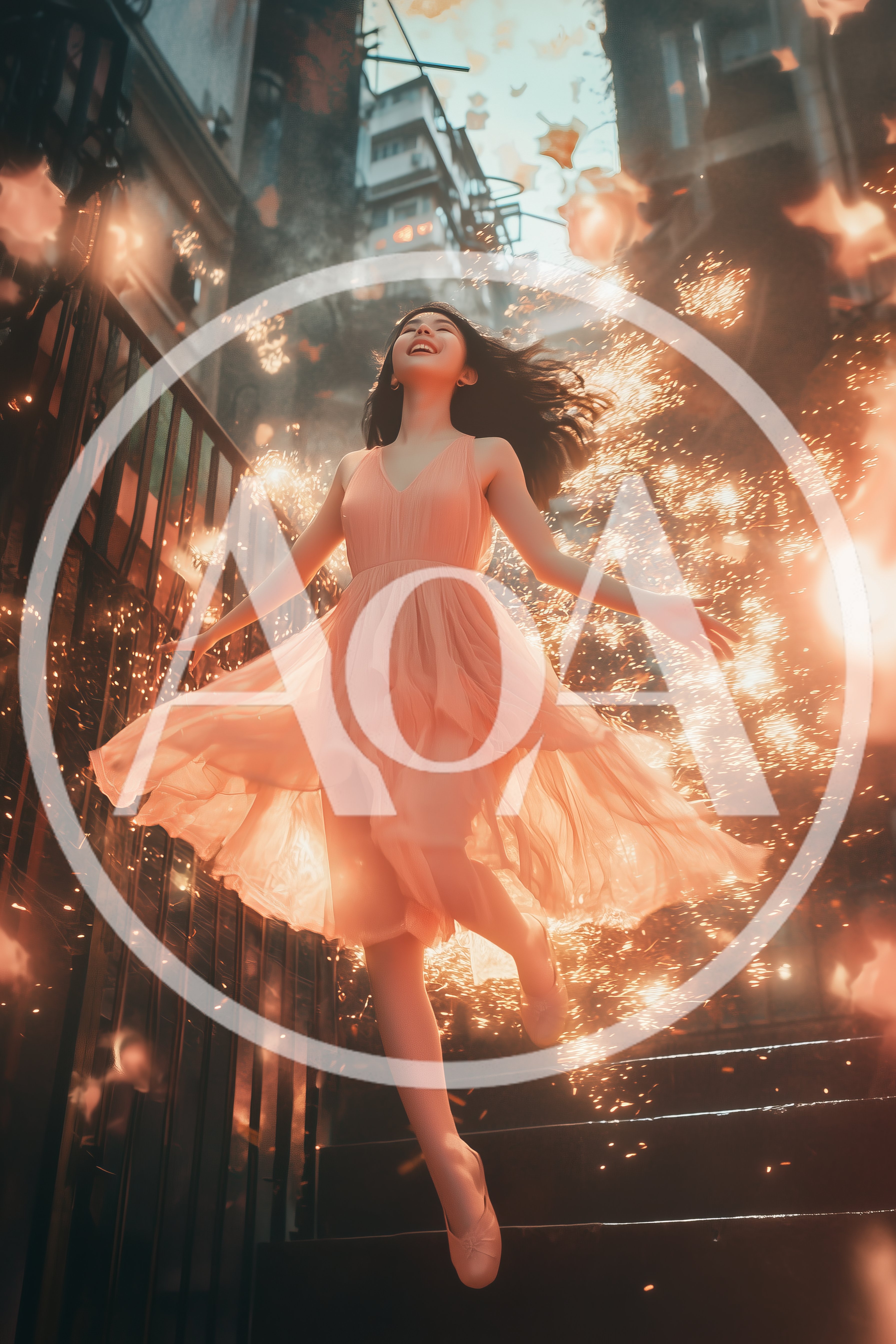 Young Woman Dancing Amidst Glowing Golden Sparks