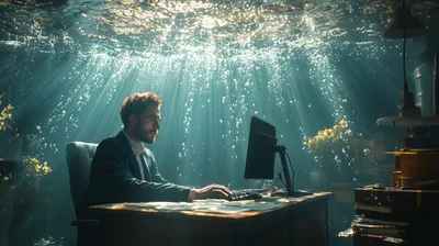 Businessman Working at Desk Underwater in Flooded Office