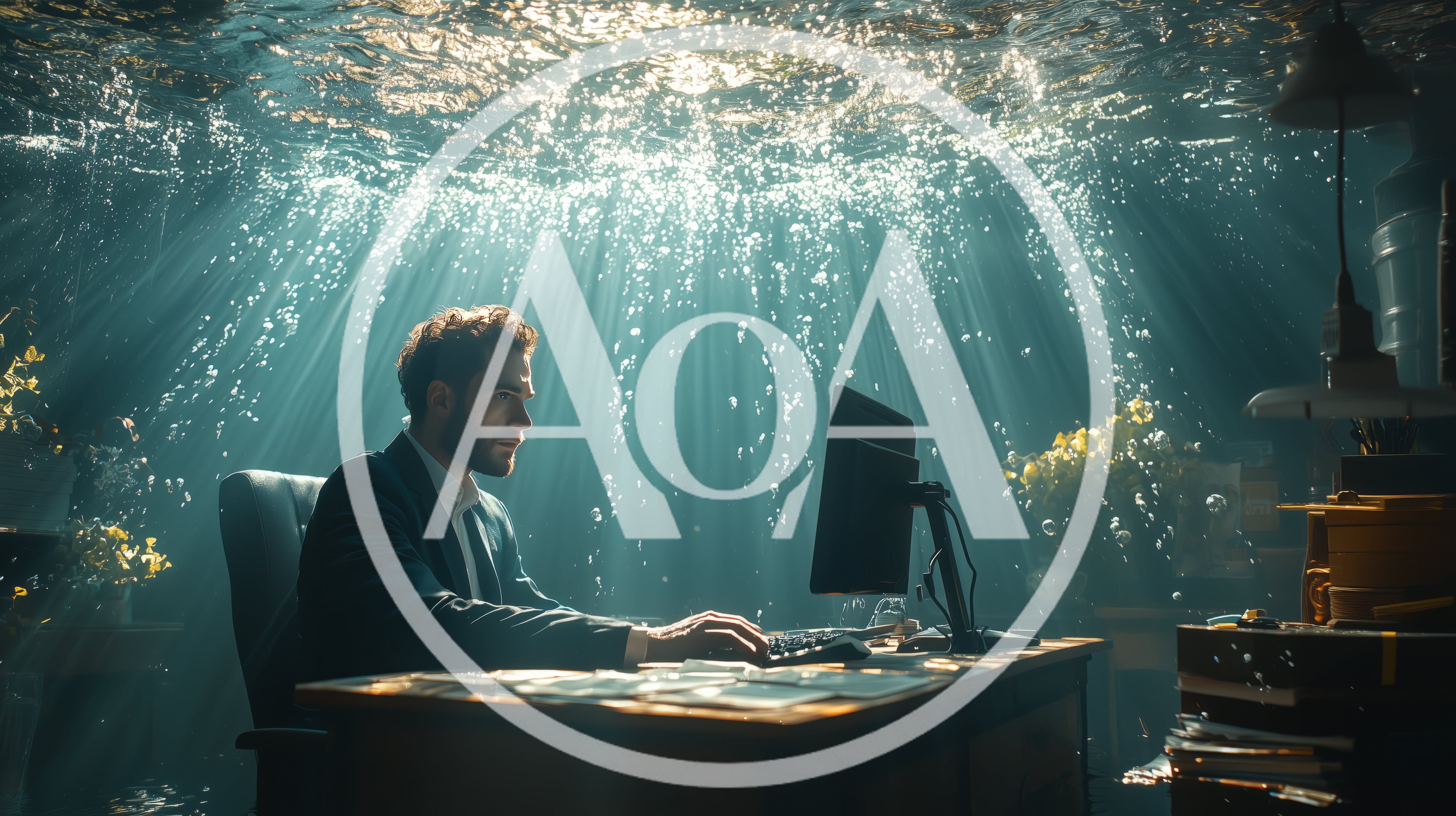 Businessman Working at Desk Underwater in Flooded Office
