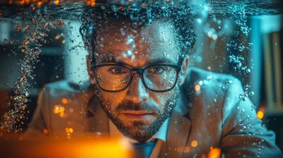 Man With Glasses Submerged In Water With Bubbles