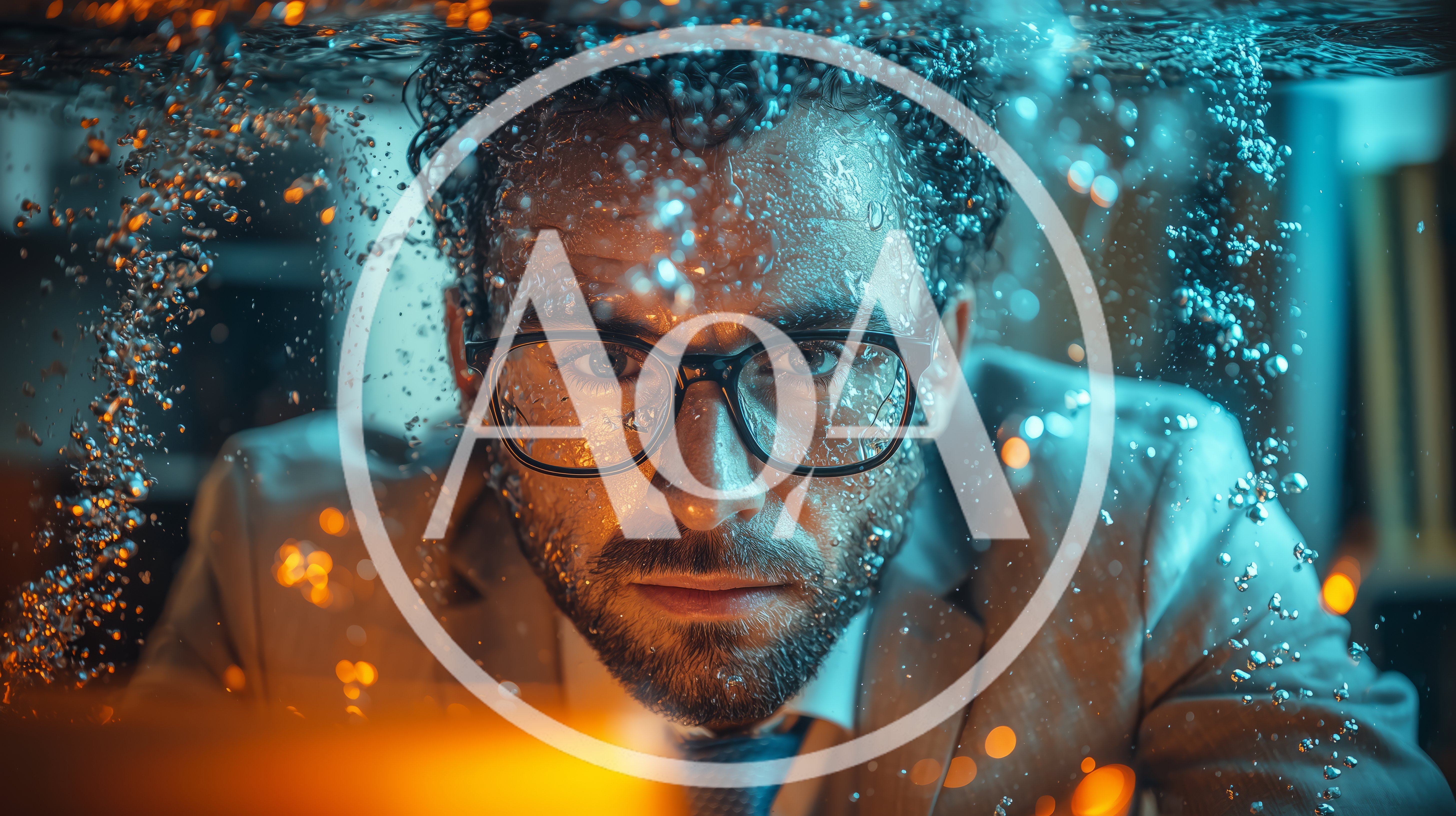 Man With Glasses Submerged In Water With Bubbles