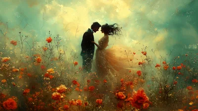 Romantic Couple In A Dreamy Floral Meadow