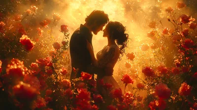 Romantic Couple Embracing In A Golden Rose Garden