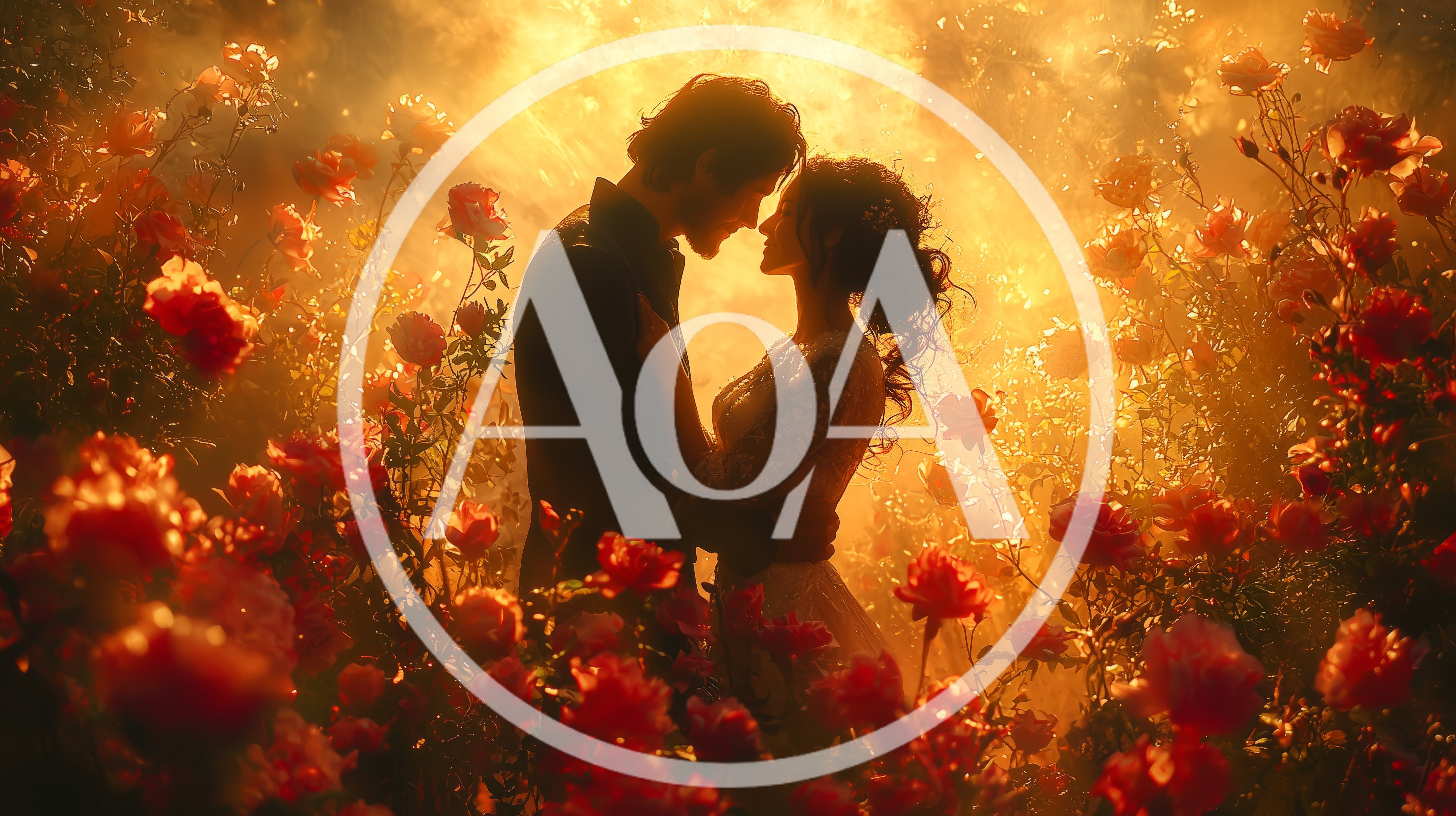 Romantic Couple Embracing In A Golden Rose Garden