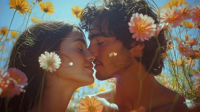 Young Couple Sharing An Intimate Moment In A Flower Field