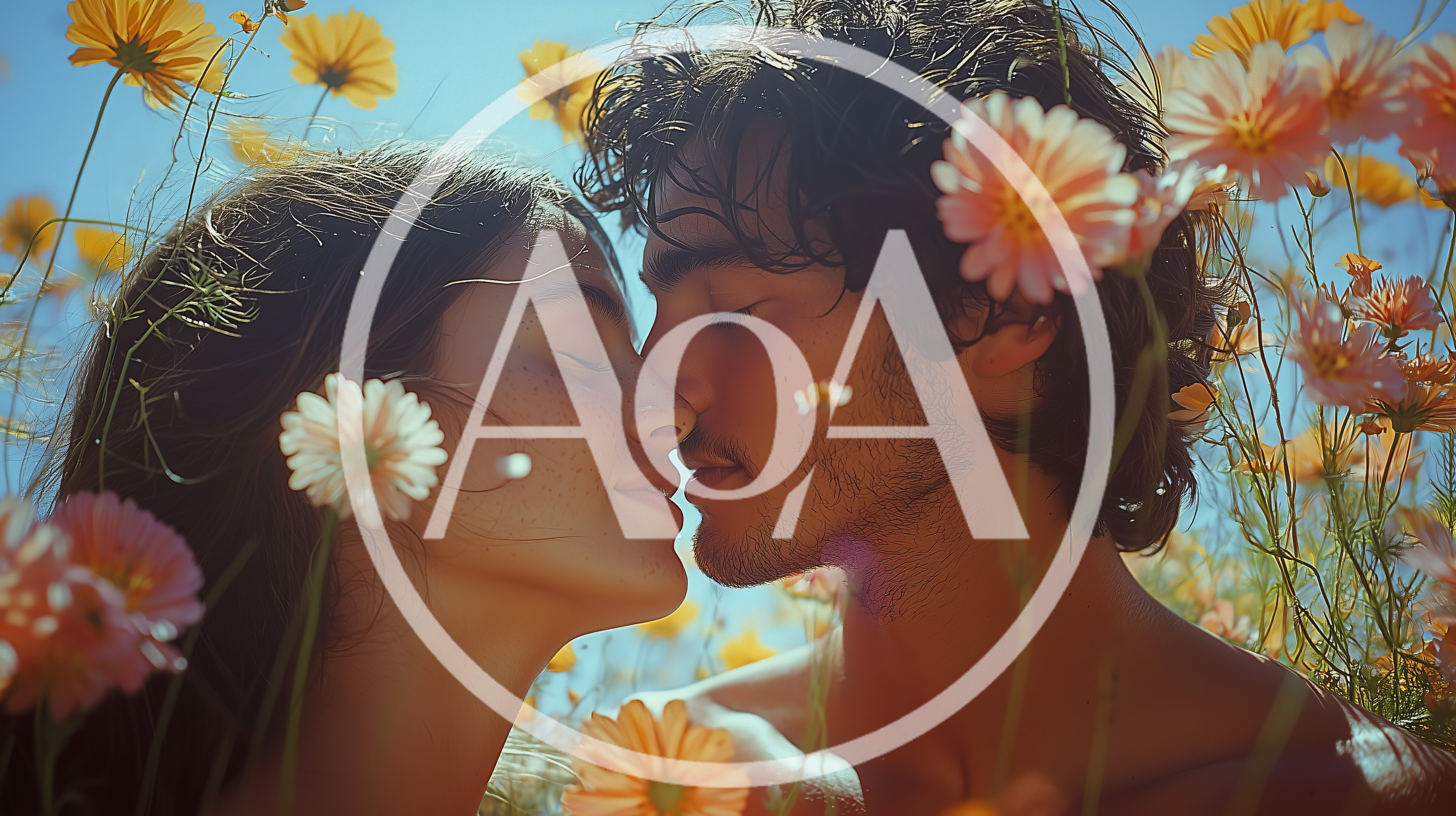 Young Couple Sharing An Intimate Moment In A Flower Field