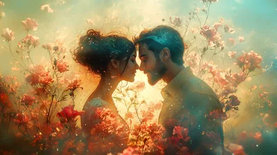 Romantic Couple Embracing Amidst A Dreamy Rose Garden