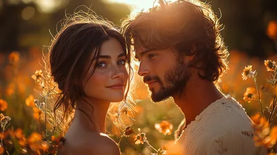 Young Couple Embracing In A Golden Hour Flower Field