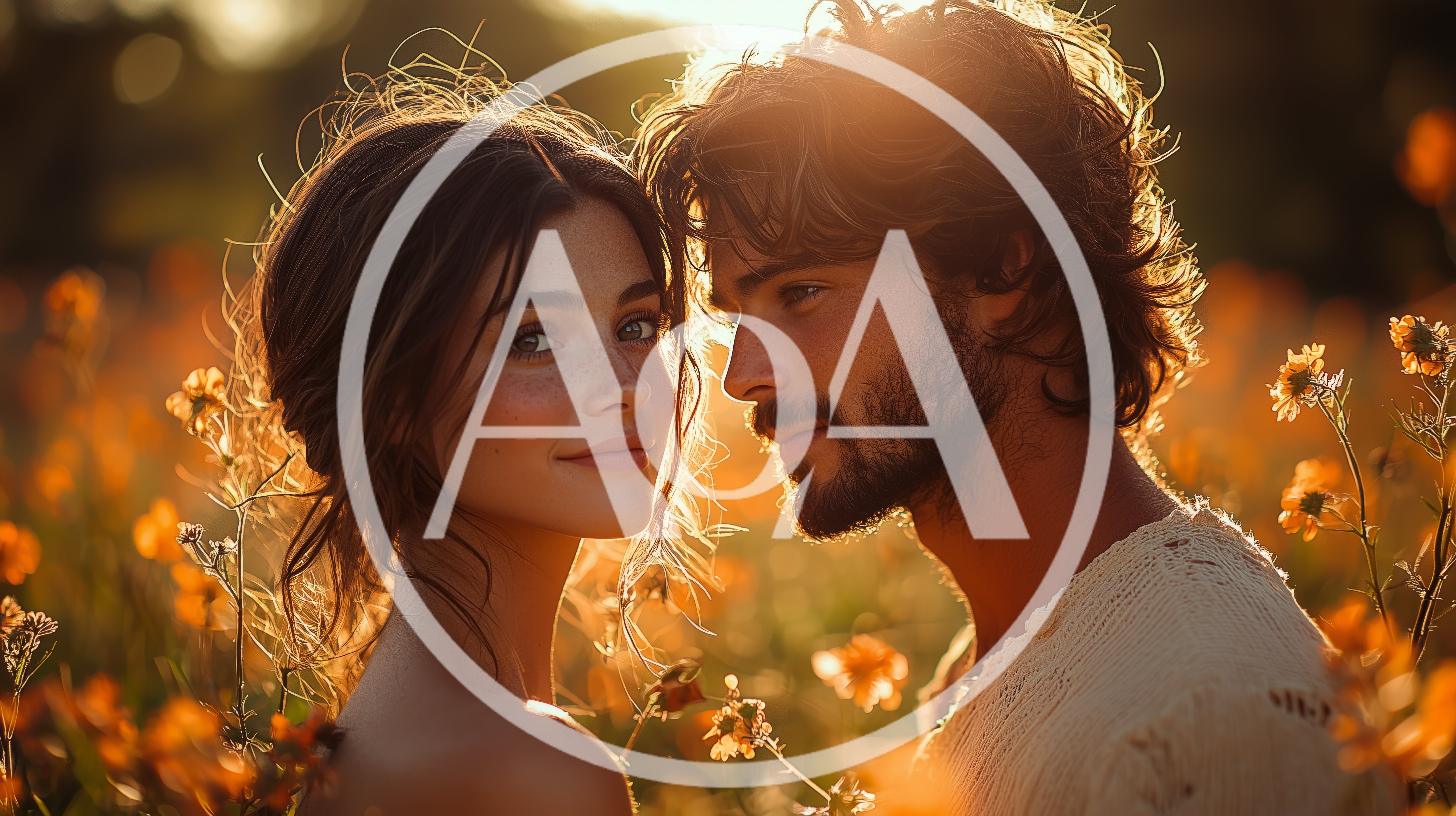Young Couple Embracing In A Golden Hour Flower Field