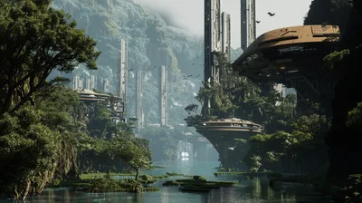 Futuristic Sci-Fi City Nestled In A Lush Tropical Jungle