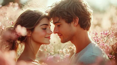 Young Couple Sharing A Romantic Moment In Flower Field