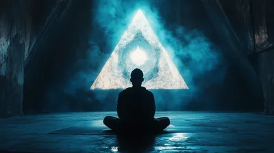 Silhouette Of A Person Meditating Before A Glowing Triangle