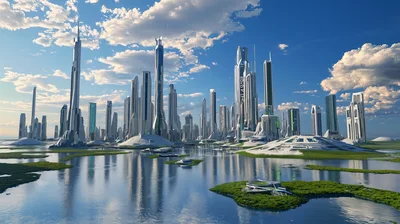 Futuristic Cityscape With Tall Skyscrapers And Water