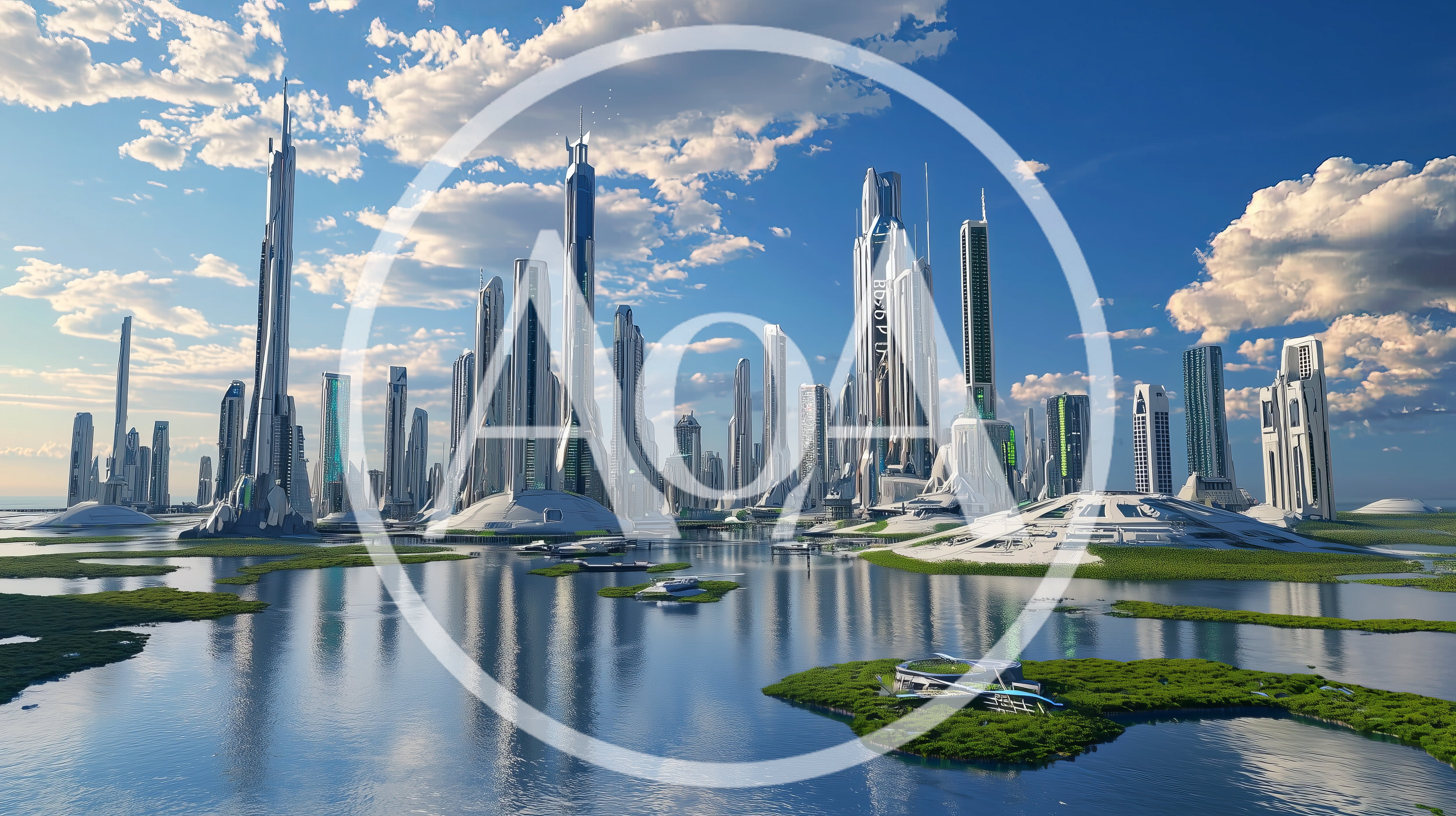 Futuristic Cityscape With Tall Skyscrapers And Water