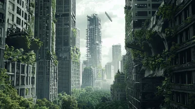 Post Apocalyptic Ruined Cityscape Overgrown With Lush Vegetation