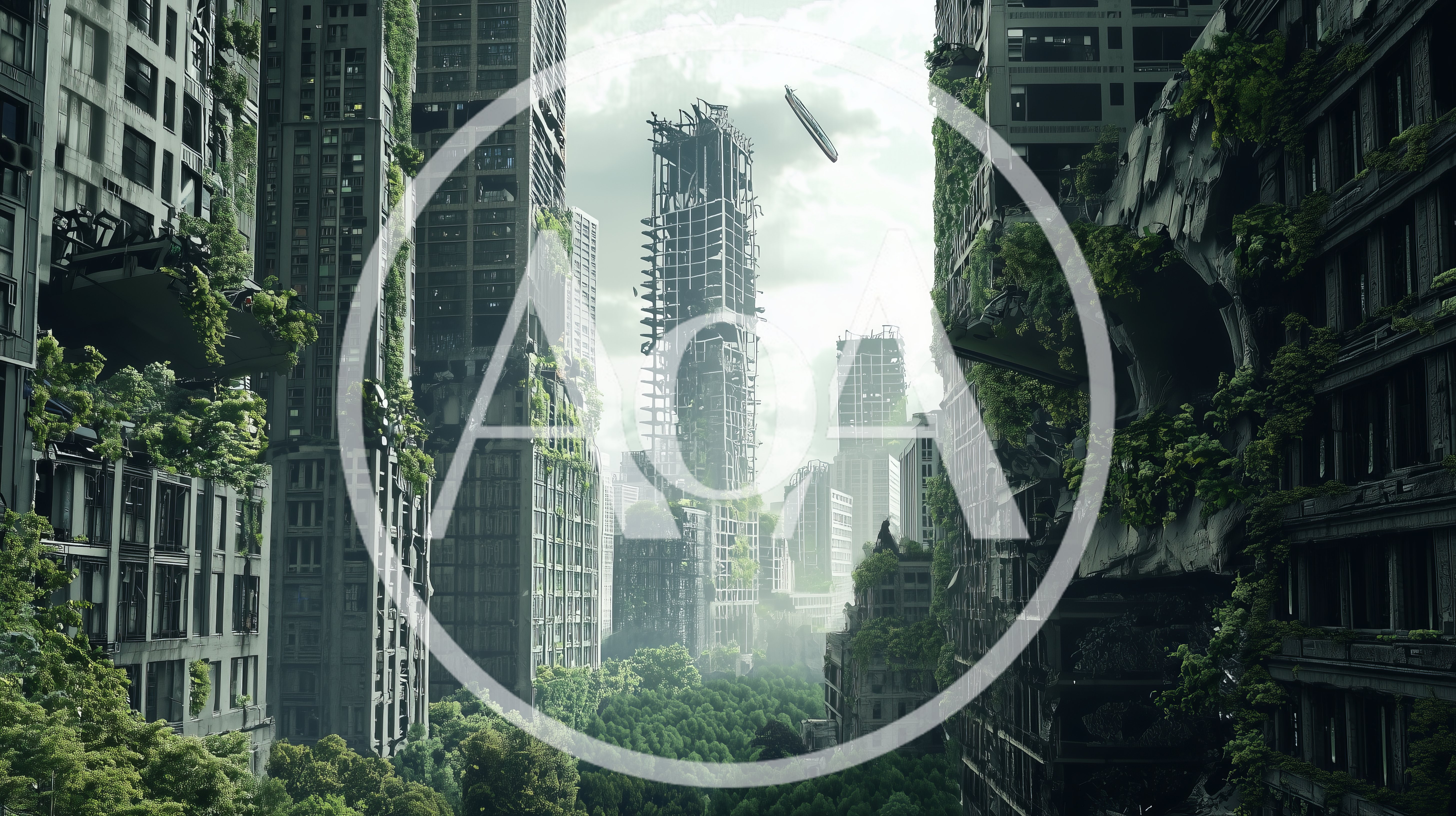 Post Apocalyptic Ruined Cityscape Overgrown With Lush Vegetation