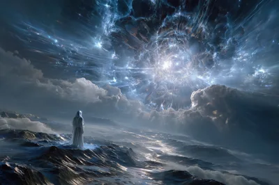 Lone Figure Standing Before A Cosmic Celestial Portal