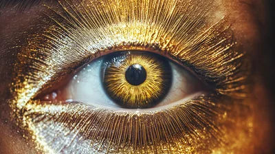 Extreme Close Up Of Human Eye With Gold Makeup