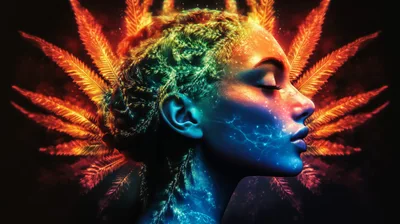 Surreal Profile Portrait of Woman with Cosmic Foliage