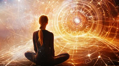 Woman Meditating Before A Glowing Cosmic Energy Portal