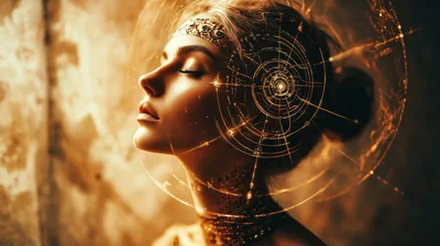 Portrait Of A Woman With Futuristic Golden Holographic Interface