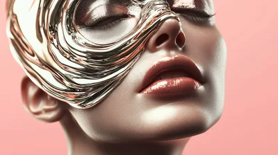 Close Up Portrait Of Woman With Liquid Gold Mask