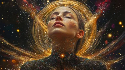 Ethereal Woman With Golden Cosmic Halo And Stardust