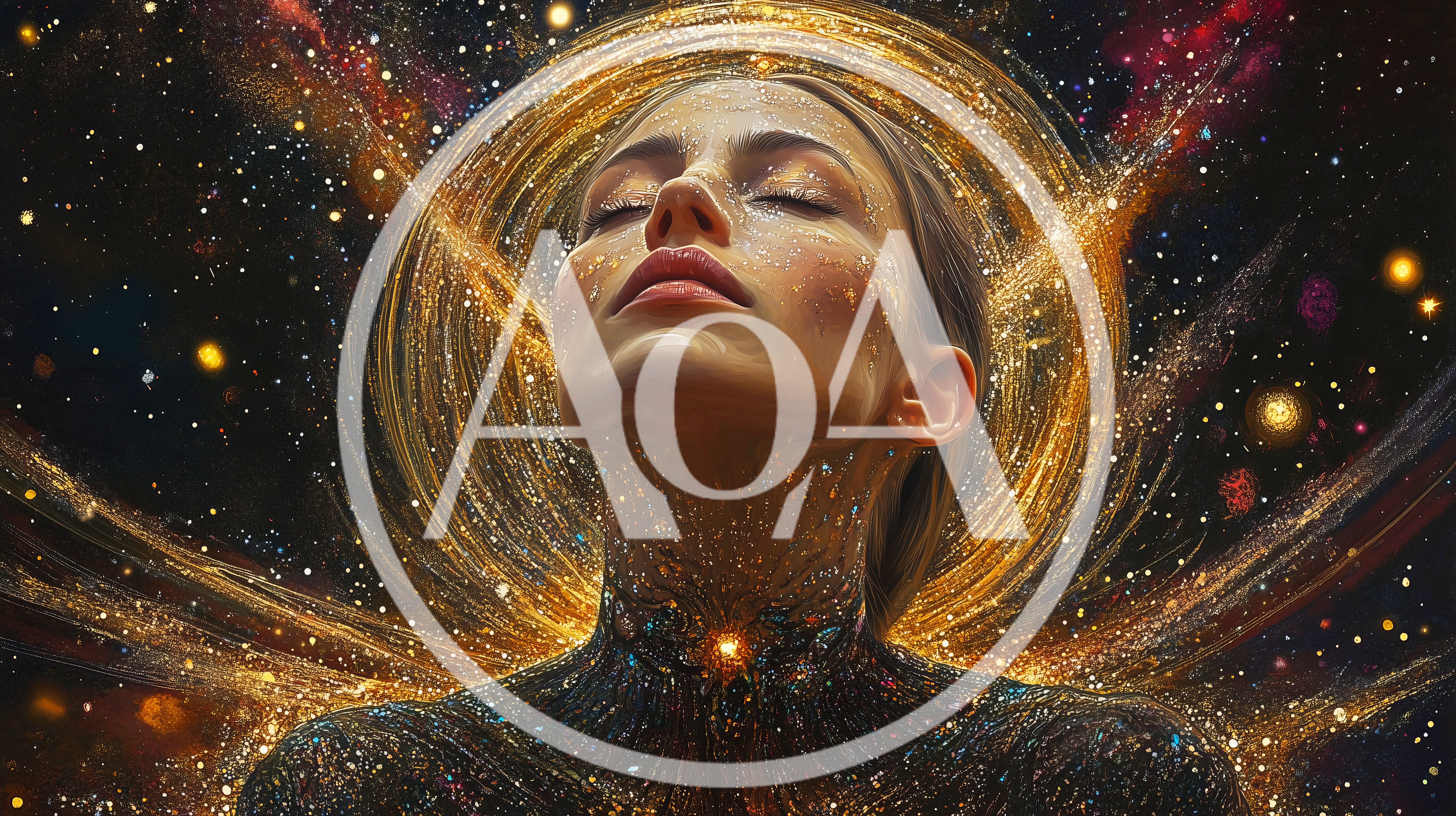 Ethereal Woman With Golden Cosmic Halo And Stardust