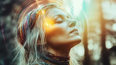 Woman With Glowing Cybernetic Implant In Forest