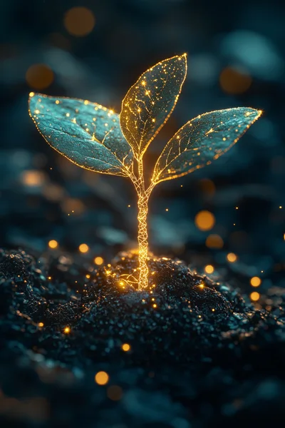 Glowing Digital Sprout Emerging From Dark Soil