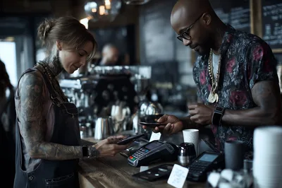 Customer Paying With Smartphone At Coffee Shop Counter
