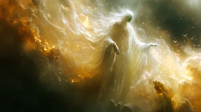 Ethereal Spirit Floating Amidst Golden Celestial Clouds