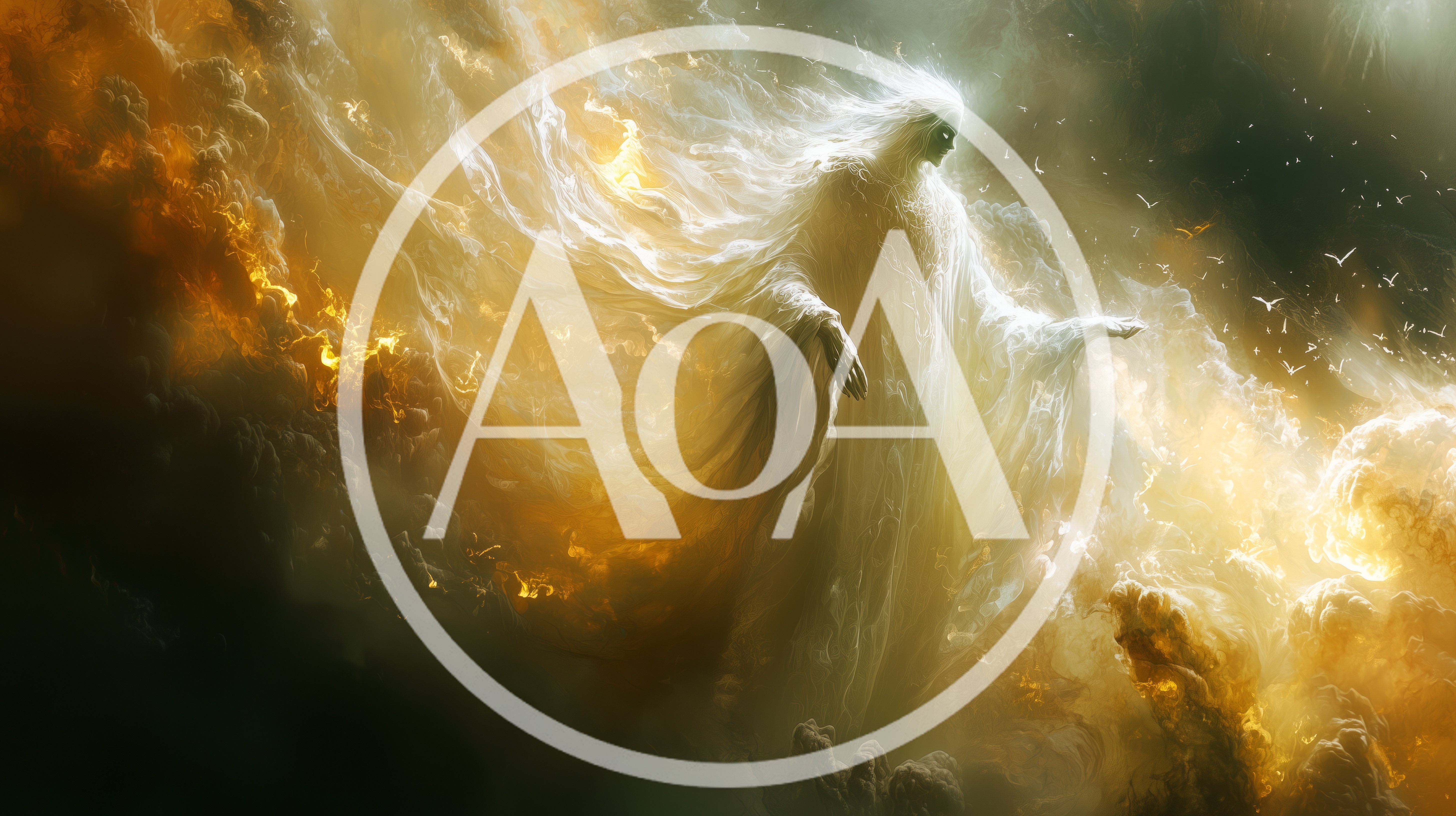 Ethereal Spirit Floating Amidst Golden Celestial Clouds