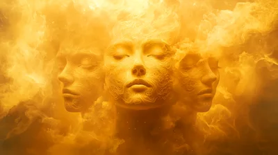 Three Golden Faces Emerging From Swirling Fiery Smoke