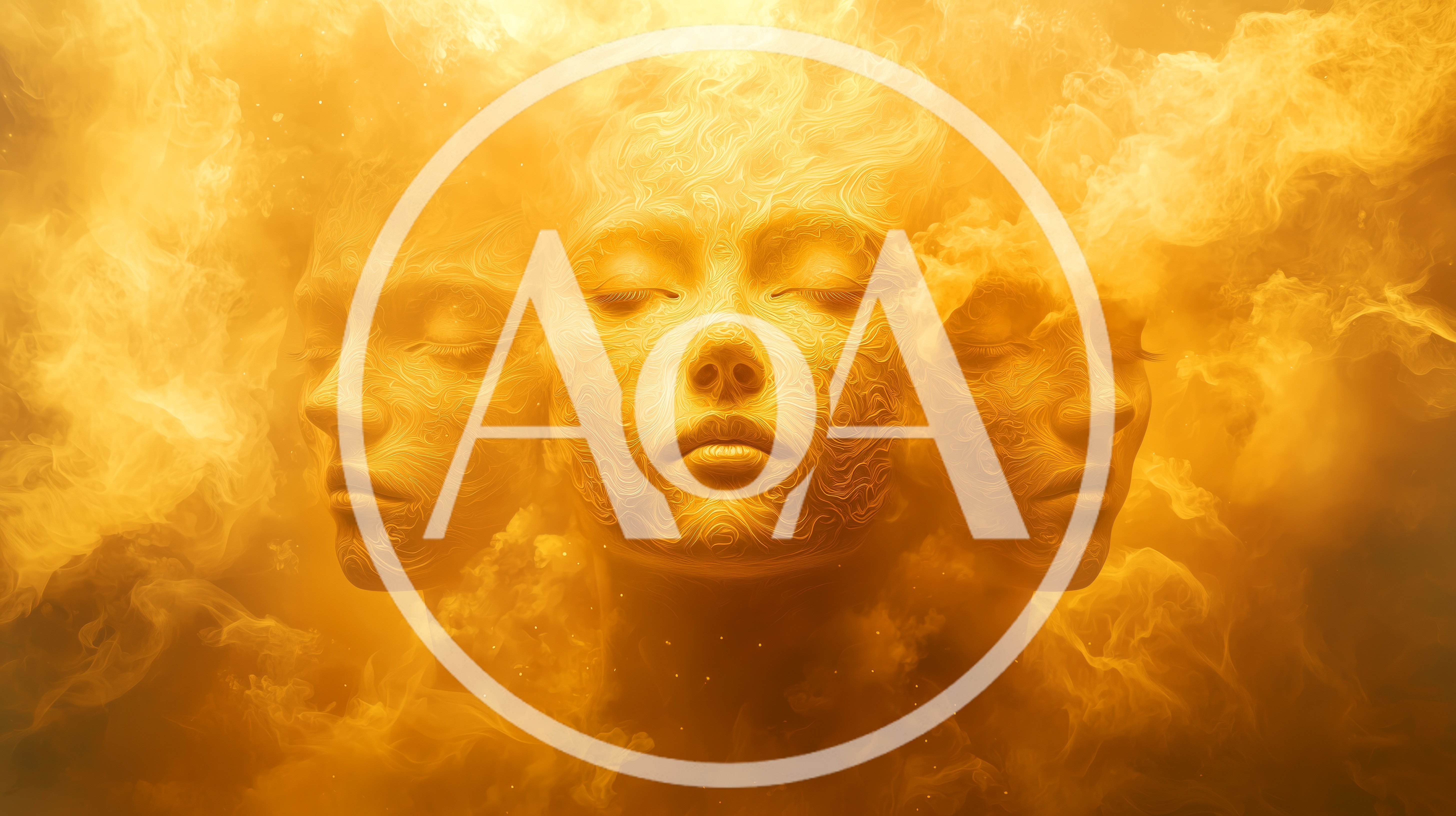Three Golden Faces Emerging From Swirling Fiery Smoke
