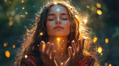 Young Woman Meditating With Ethereal Glowing Light Particles