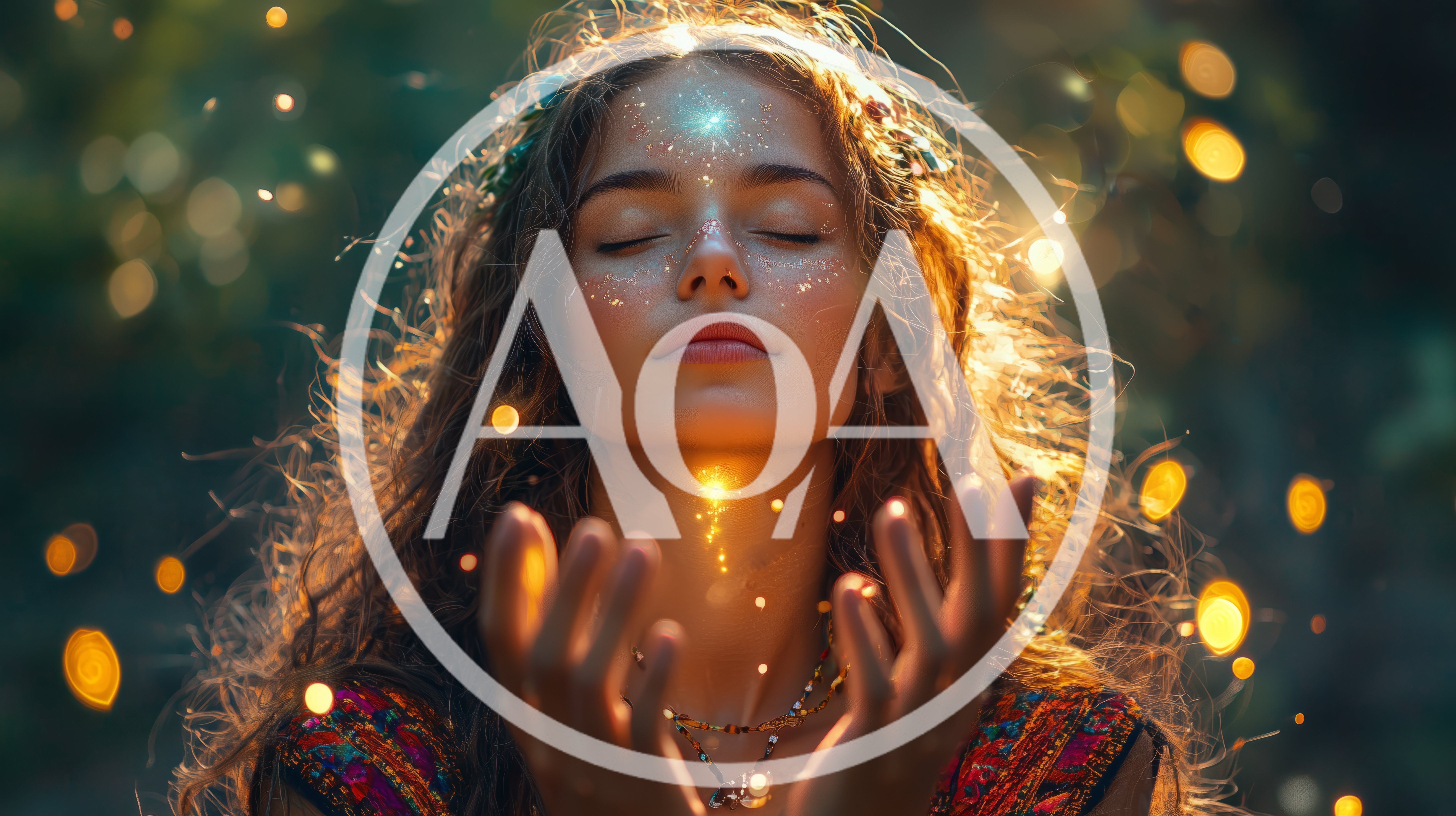 Young Woman Meditating With Ethereal Glowing Light Particles