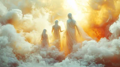Ethereal Figures Walking Through Golden Celestial Clouds