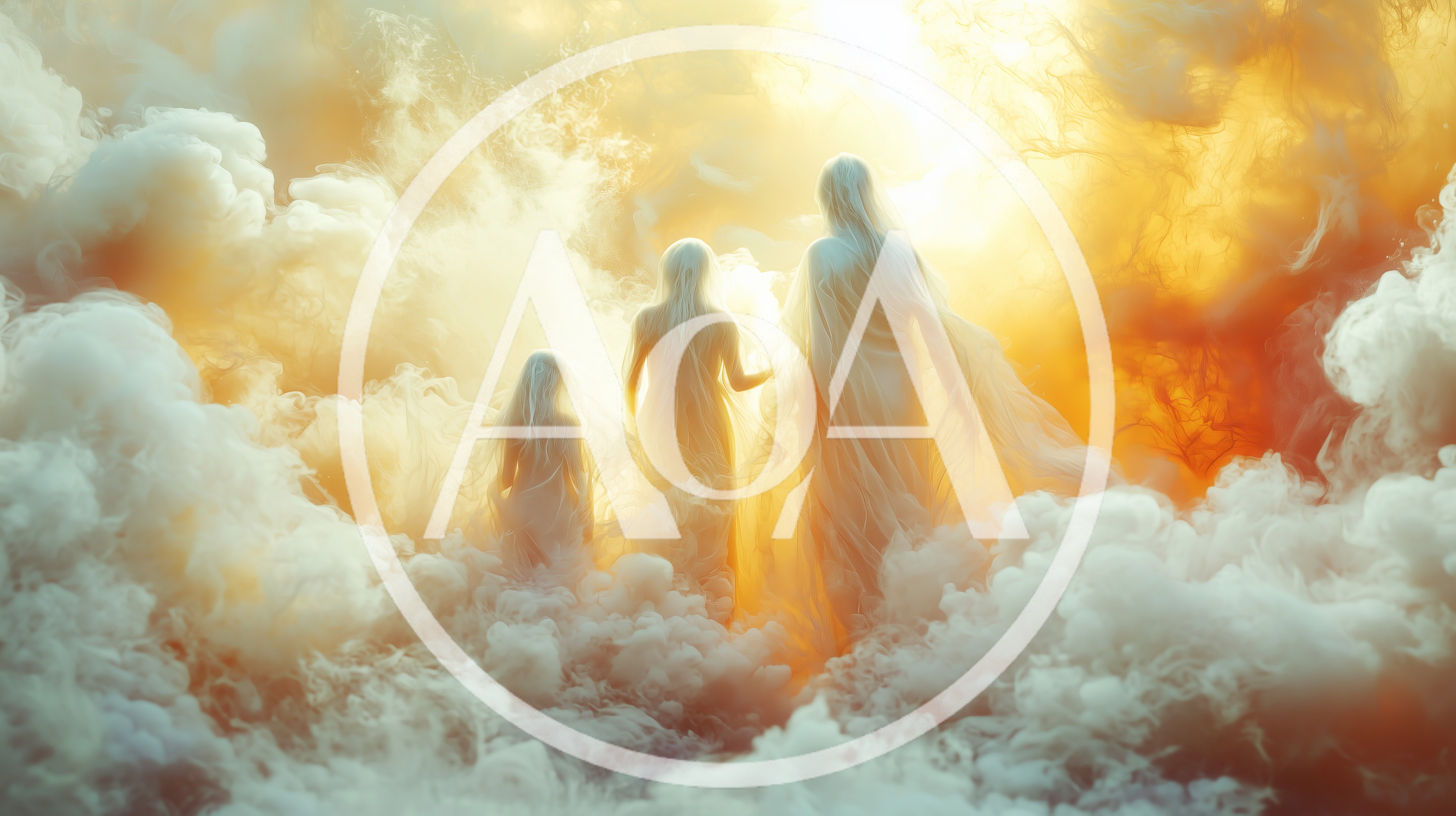 Ethereal Figures Walking Through Golden Celestial Clouds