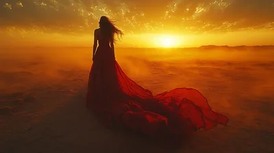 Woman In Red Dress Standing In Desert At Sunset