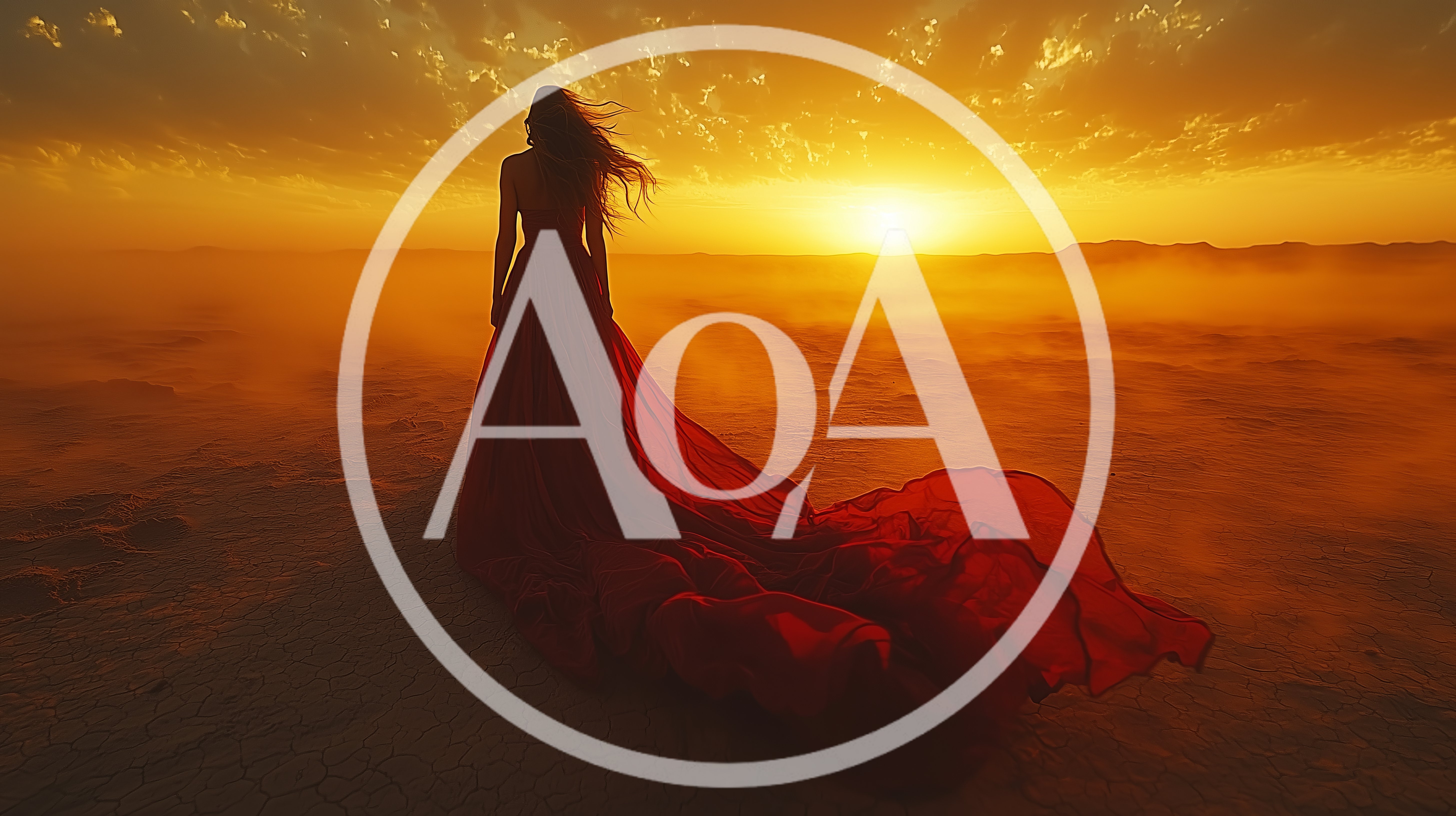 Woman In Red Dress Standing In Desert At Sunset
