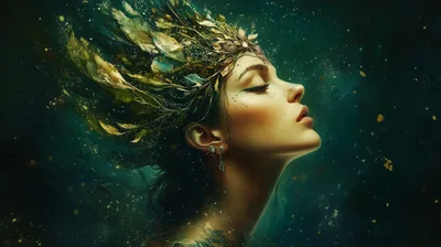 Ethereal Goddess Portrait With Golden Feather Crown