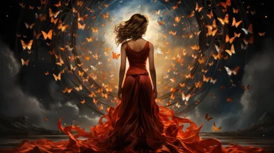 Woman In Red Dress Surrounded By Swirling Butterflies