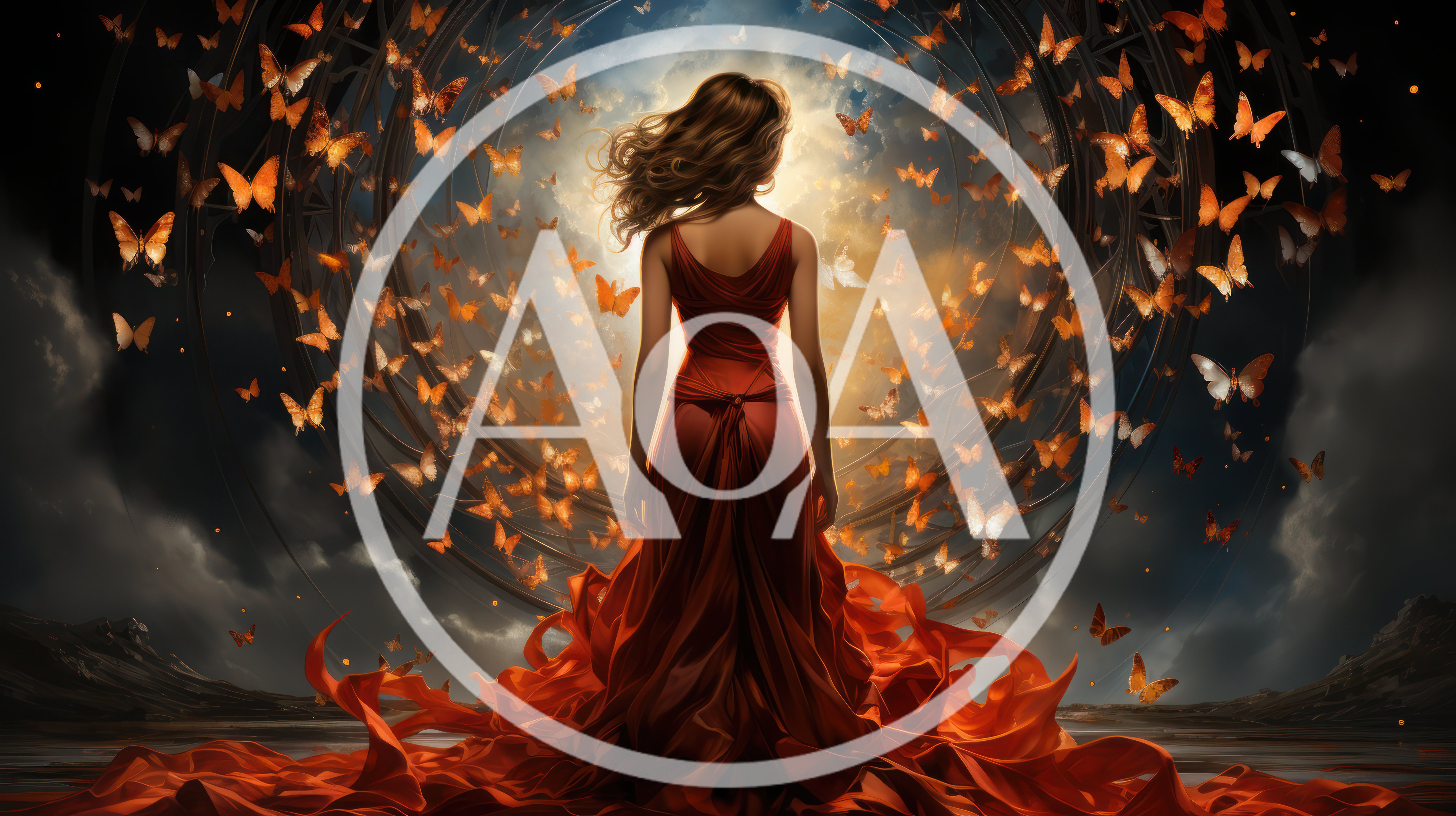 Woman In Red Dress Surrounded By Swirling Butterflies