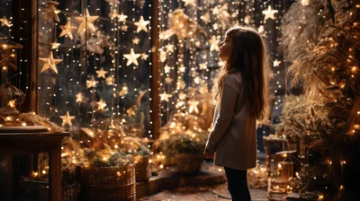 Young Girl Gazing At Magical Christmas Window Display