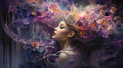 Surreal Portrait Of A Woman With Ethereal Floral Hair