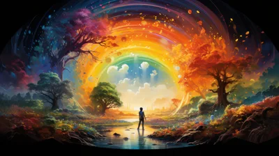 Person Standing Before A Surreal Rainbow Forest Landscape
