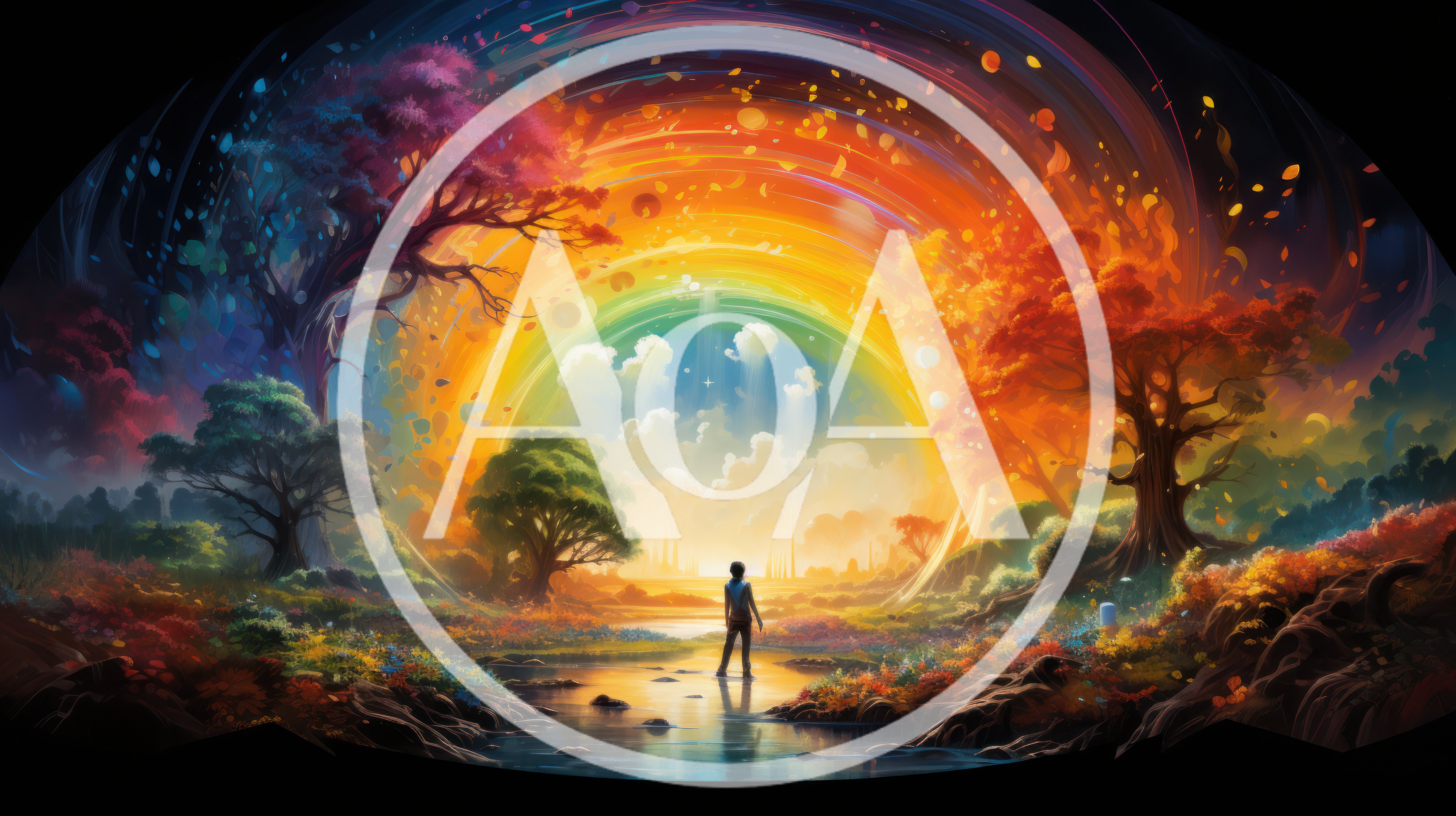 Person Standing Before A Surreal Rainbow Forest Landscape