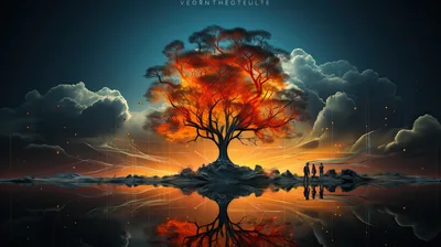 Surreal Glowing Tree Landscape With Silhouetted Figures